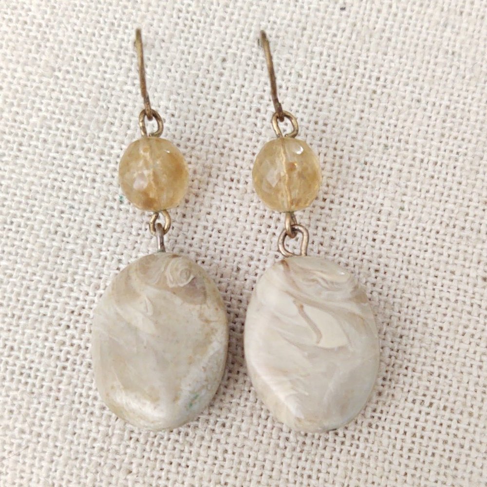 Faux natural toned stone and pale beige bead earrings